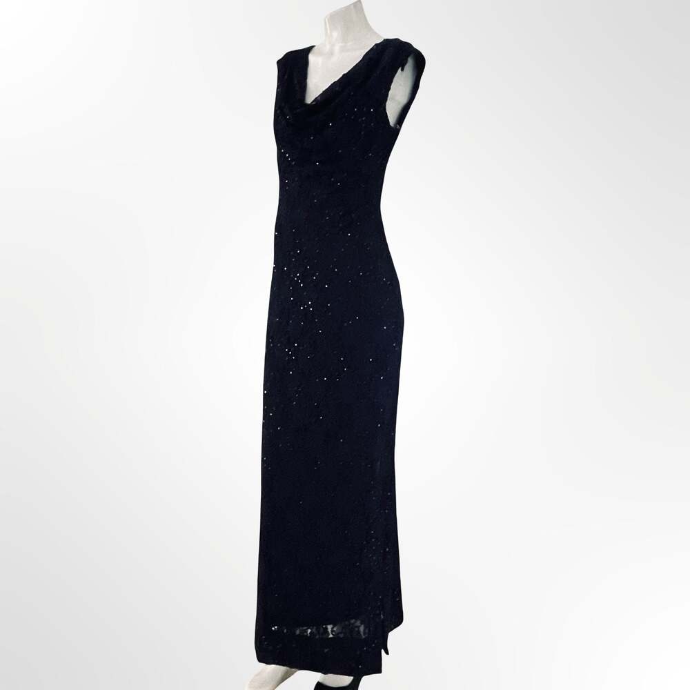 Connected Apparel Women's Navy Sequin Lace Cowl Neck Sleeveless Gown - Picture 2 of 7